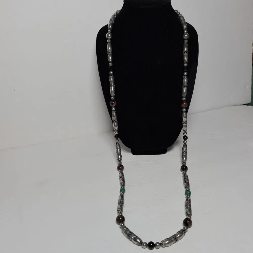 Alex Nicole Long Silver Tone Beaded Necklace 47" Filigree Barrel Beads Stone